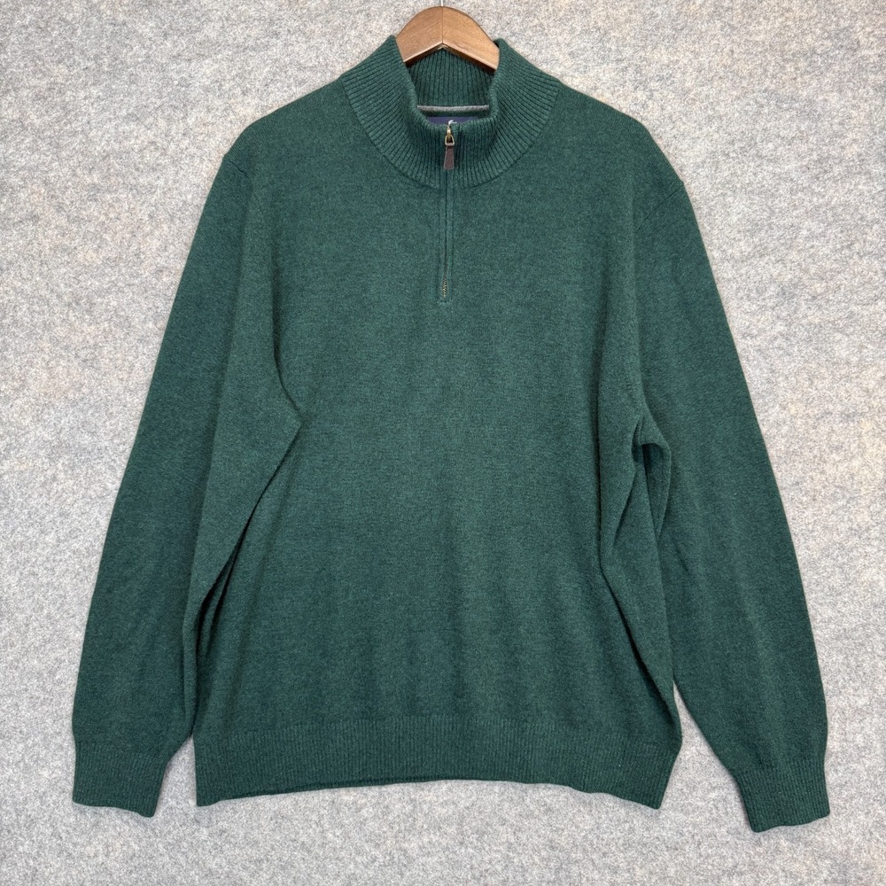 Lands End 100% Cashmere Sweater Mens XL 46-48 Quarter Zip Dark Green Luxury Knit